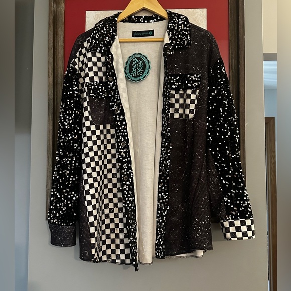 Sterling Kreek Jackets & Blazers - Black & White Checkered Patchwork Shacket
